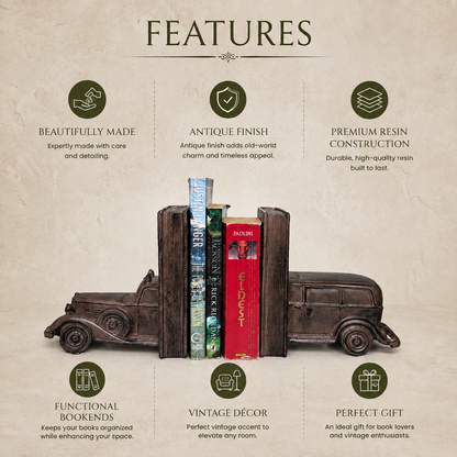 Vintage car bookends features infographic highlighting beautifully made craftsmanship, antique finish, premium resin construction, functional bookends, vintage décor styling, and perfect gift idea by Inara Home Decor.