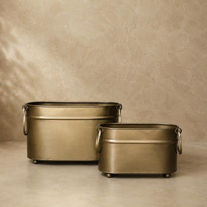 Vintage Brass Rectangular Planter – close-up detail view | INARA