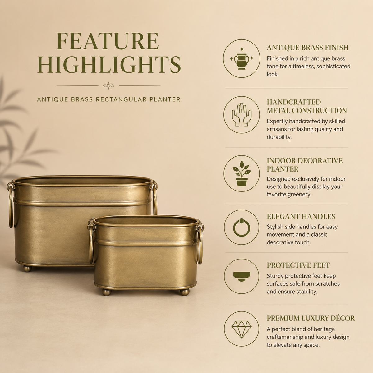 Feature highlights infographic of the Inara Antique Brass Rectangular Indoor Planter showcasing antique brass finish, handcrafted metal construction, elegant side handles, protective feet, indoor decorative use, and premium luxury décor