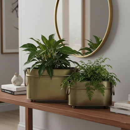 Handmade vintage brass rectangular metal indoor planters with lush green plants, elegant console table styling for modern interiors
