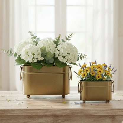 Vintage brass rectangular indoor planters set styled with fresh flowers, premium handcrafted metal planters for modern luxury interiors.