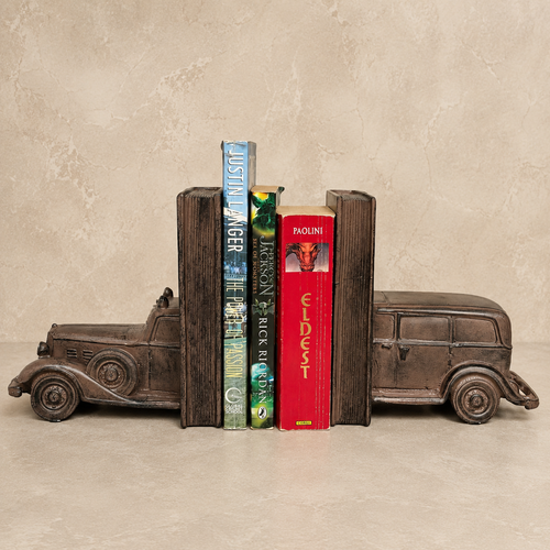 Vintage car bookends in an antique bronze finish holding books, handcrafted luxury decorative bookends for bookshelves, home office, study room, and living room décor.