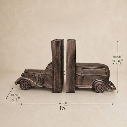 Dimensions infographic of vintage bronze car bookends showing 7.5-inch height, 15-inch width, and 5.1-inch depth on a luxury beige studio background, decorative bookends for home and office shelves.