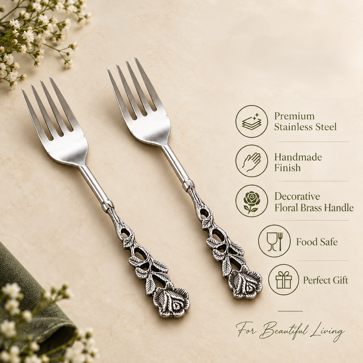 Set of two vintage floral stainless steel dessert forks with handcrafted decorative brass floral handles, featuring a premium food-safe finish, ideal for luxury dining, entertaining, and gifting by Inara Home Decor.