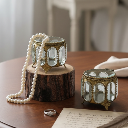 Handcrafted vintage gold trinket box with glass panels and antique brass detailing, styled on a wooden table with pearl necklace and ring, luxury home décor accent piece.