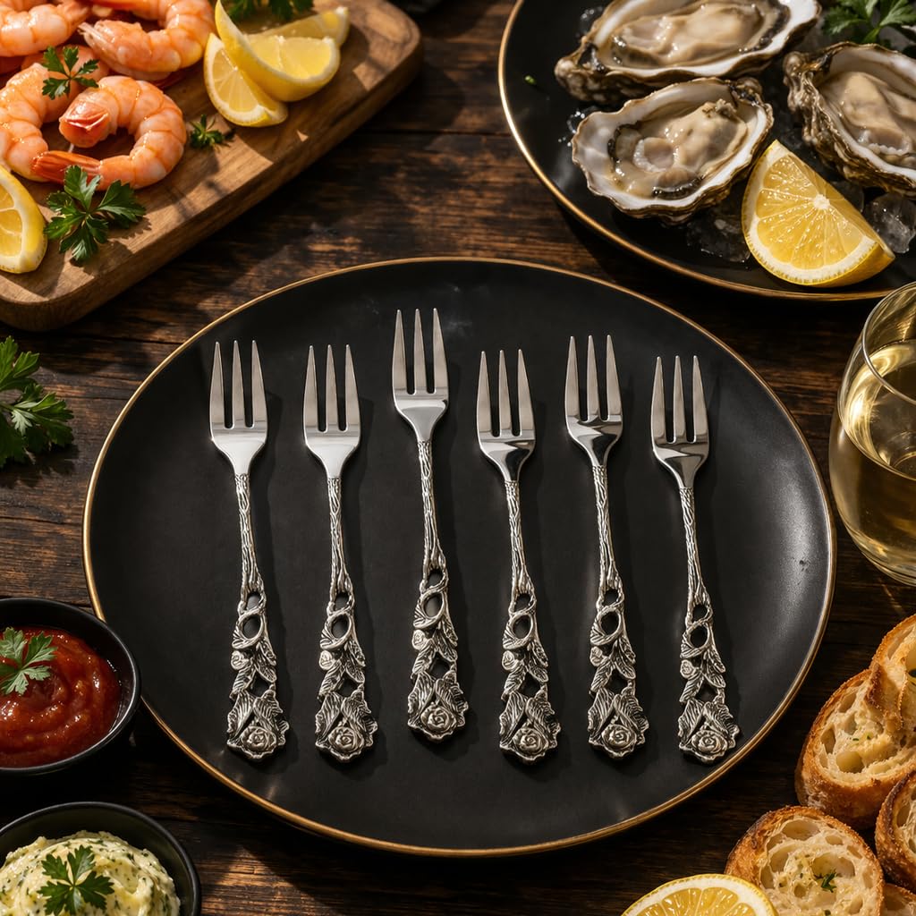 A set of six vintage-style silver cocktail forks with intricate rose-engraved handles arranged on a matte black plate next to fresh oysters and shrimp.