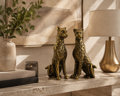 Antique Brass Leopard Sculpture Set Of 2