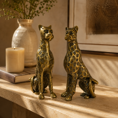 Antique Brass Leopard Sculpture Set Of 2
