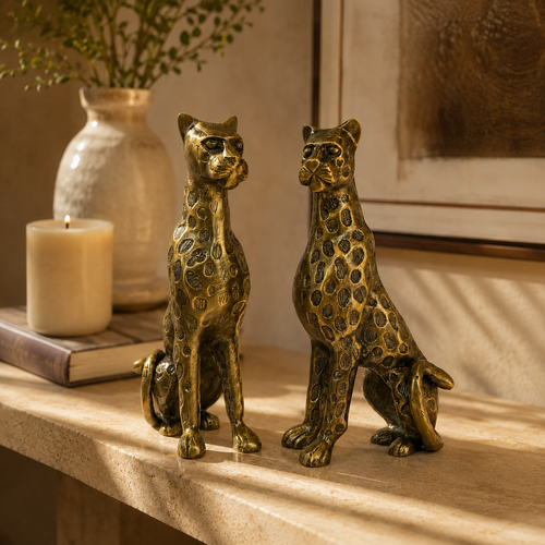 Antique Brass Leopard Sculpture Set Of 2