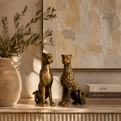 Antique Brass Leopard Sculpture Set Of 2