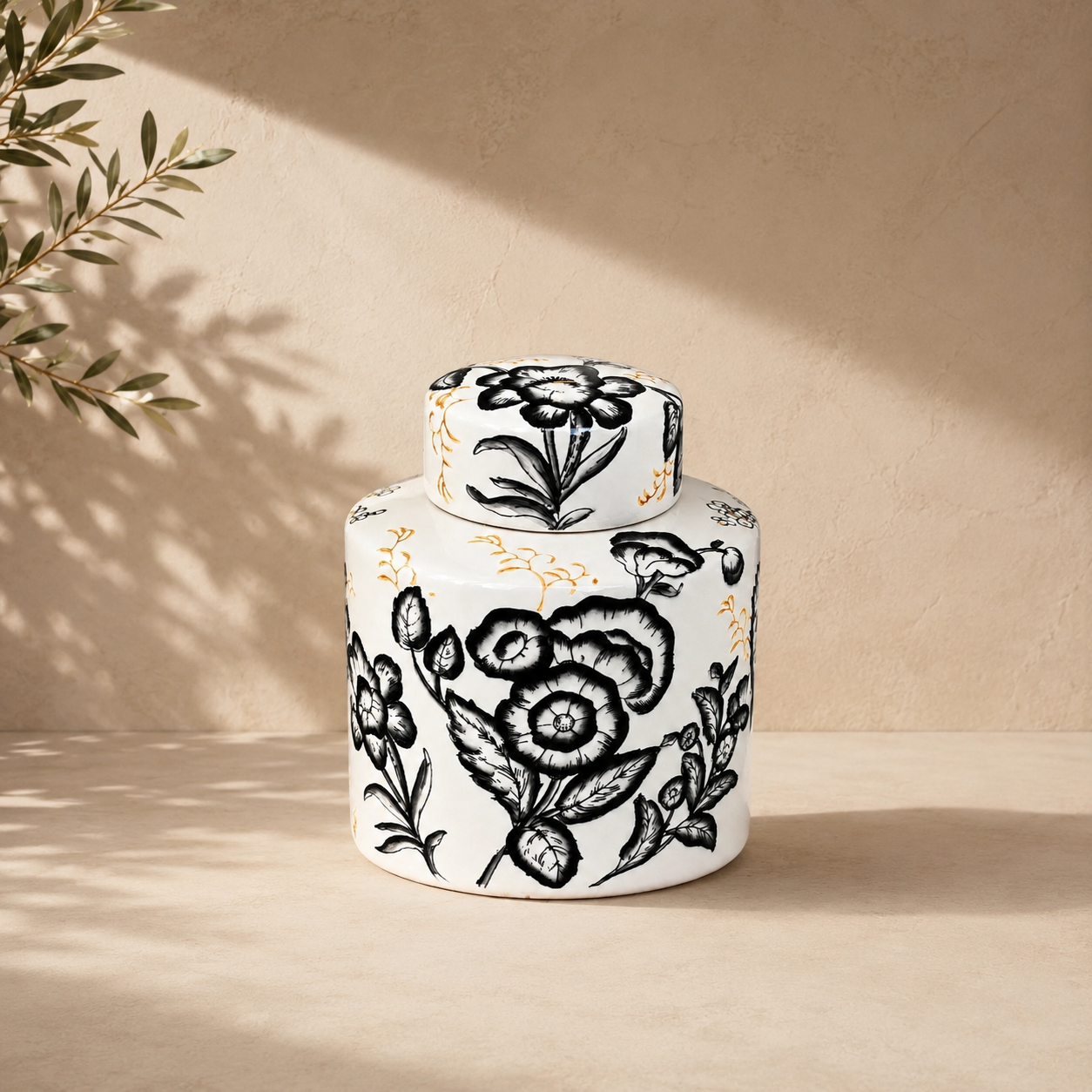 Ebon Ivory Hand-Painted Ceramic Ginger Jar