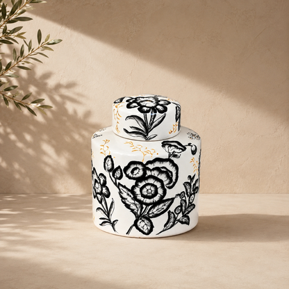 Ebon Ivory Hand-Painted Ceramic Ginger Jar