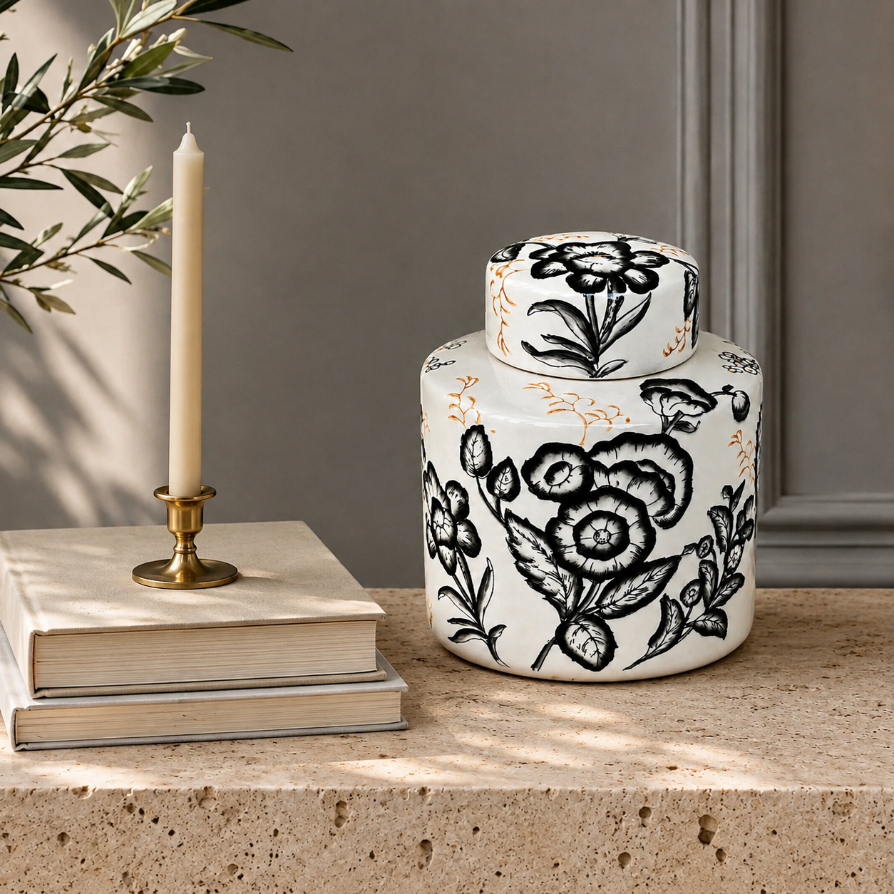 Ebon Ivory Hand-Painted Ceramic Ginger Jar
