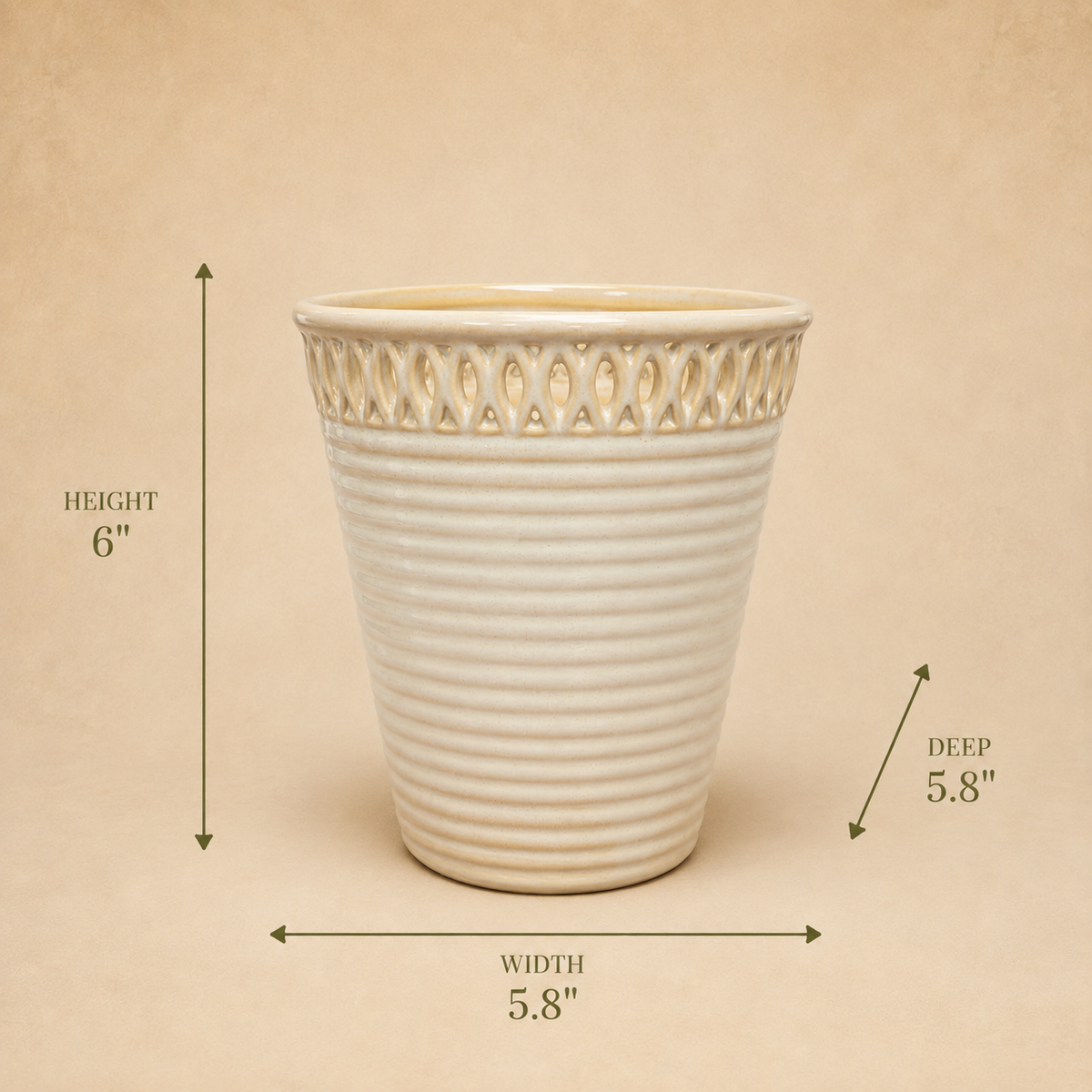 Cream glazed ceramic planter with decorative cutwork rim, 6-inch height, 5.8-inch width and depth dimensions.