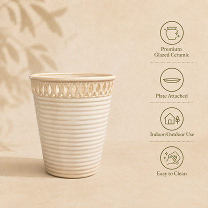 Cream glazed ceramic planter with attached plate, premium glazed ceramic finish, indoor and outdoor use, easy to clean.