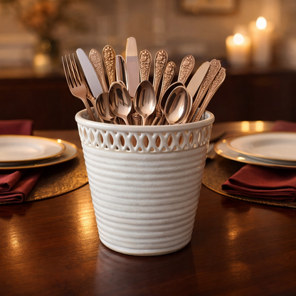 White textured ceramic planter with decorative cutwork rim used as a stylish cutlery holder, filled with antique rose gold spoons and forks, placed on a dark polished wooden dining table with maroon napkins, gold-rimmed plates, and soft candlelight in a luxury dining setup.