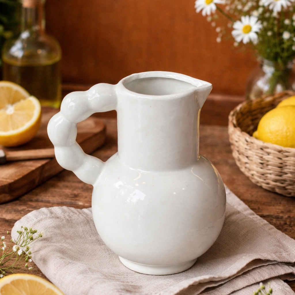 White ceramic pitcher vase with a sculpted loop handle placed on a wooden table with lemons and flowers in the background, styled in a warm kitchen setting.