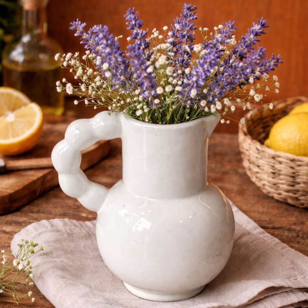 White ceramic loop-handle vase filled with lavender and baby’s breath flowers, styled on a wooden kitchen table with lemons and warm rustic décor in the background.