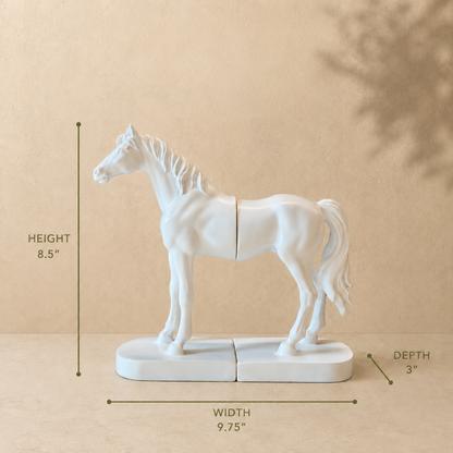 Dimension guide for white horse bookends showing 13-inch width, 6-inch height, and 4-inch depth in a luxury infographic design by Inara Home Decor.