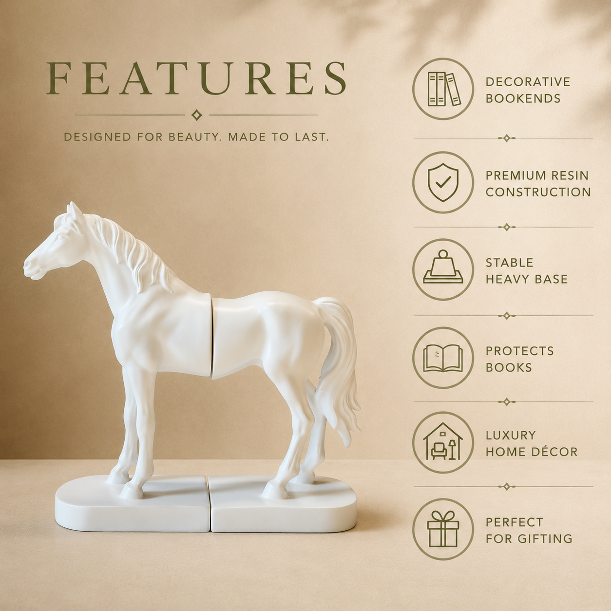 White horse resin bookends features infographic highlighting decorative bookends, premium resin construction, stable heavy base, book protection, luxury home décor, and gifting appeal on a beige background. Ideal for bookshelves, living rooms, offices, and luxury home styling.