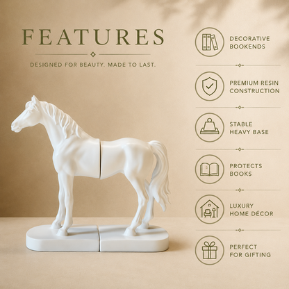 White horse resin bookends features infographic highlighting decorative bookends, premium resin construction, stable heavy base, book protection, luxury home décor, and gifting appeal on a beige background. Ideal for bookshelves, living rooms, offices, and luxury home styling.