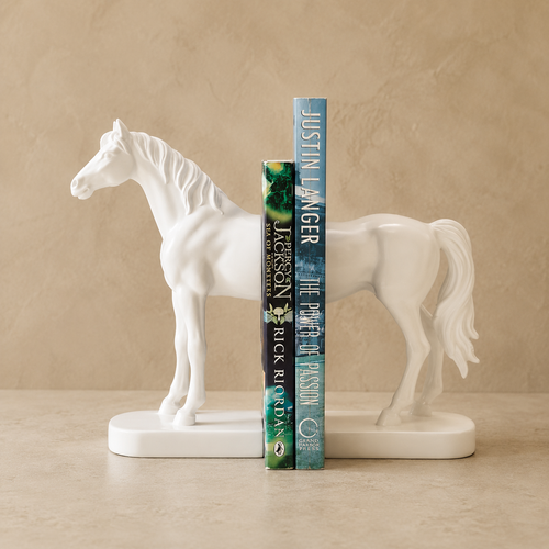 White resin horse bookends holding hardcover books on a premium beige studio backdrop, luxury decorative book ends for bookshelves, home office, and living room décor.