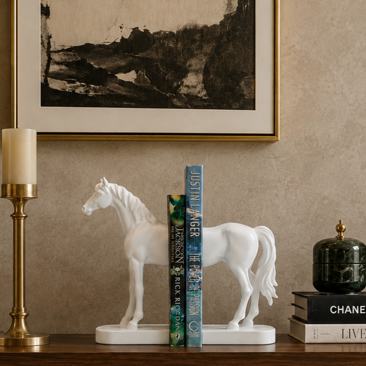 Luxury white horse resin bookends displayed on a walnut console table with framed artwork, brass candle holder, decorative accessories, and hardcover books in an elegant modern living room.