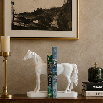 Luxury white horse resin bookends displayed on a walnut console table with framed artwork, brass candle holder, decorative accessories, and hardcover books in an elegant modern living room.