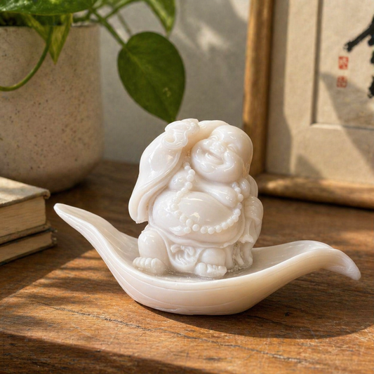 Glossy white laughing Buddha figurine on a curved leaf-shaped base styled on a wooden table with warm natural light and indoor décor accents.