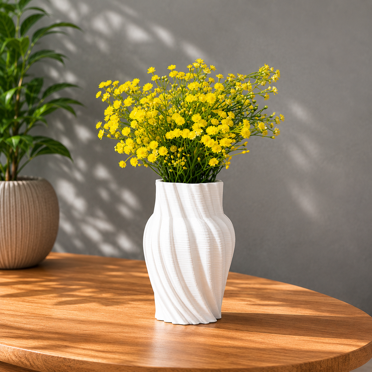 White spiral ceramic vase with yellow flowers styled on a wooden coffee table against a grey textured wall in a modern minimalist living room setting.