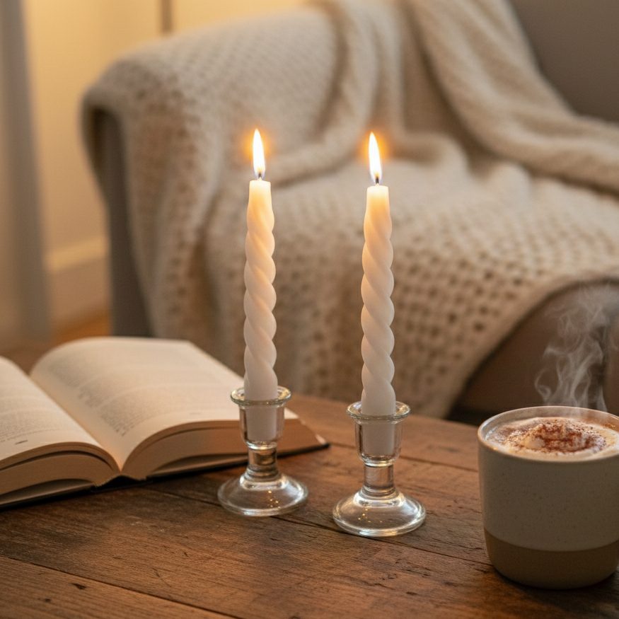 White Vanilla Twisted Taper Soy Candle 7inch - Set Of 2 – close-up detail view | INARA