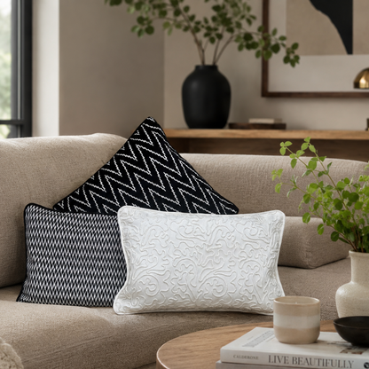 Black and white designer cushion covers styled on a beige sofa in a modern luxury living room, featuring textured patterns and elegant contemporary home décor.