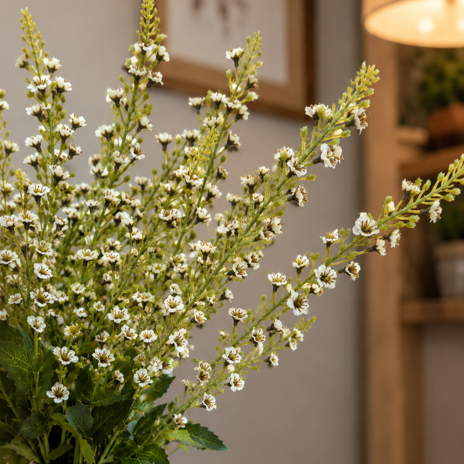 Close-up lifestyle image of delicate white wildflower stems arranged in a textured ceramic vase on a wooden table, styled in a warm and elegant home interior.