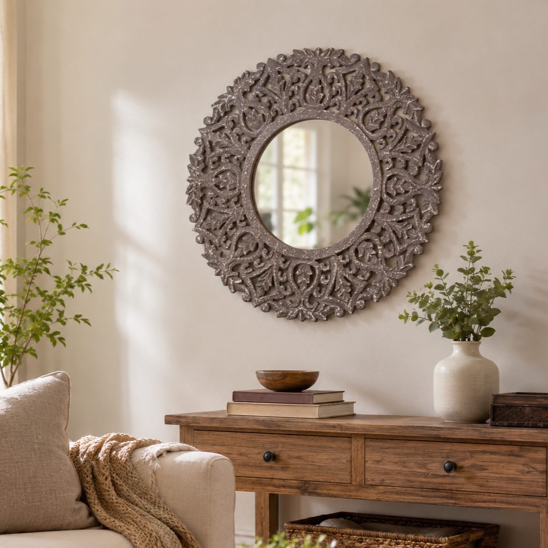 Wooden Carved Mirror Panel Grey – This wooden carved mirror panel features beautifully carved flowers on a wood frame | INARA
