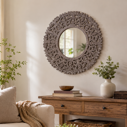 Wooden Carved Mirror Panel Grey – This wooden carved mirror panel features beautifully carved flowers on a wood frame | INARA