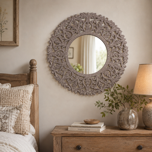 Wooden Carved Mirror Panel Grey