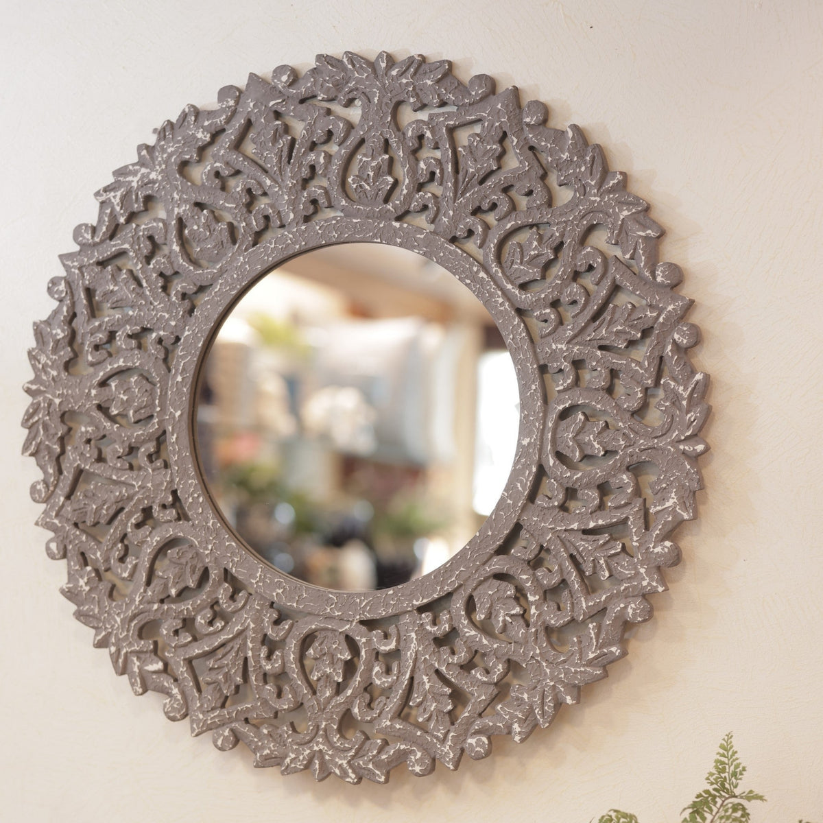 Wooden Carved Mirror Panel Grey – alternate angle | INARA