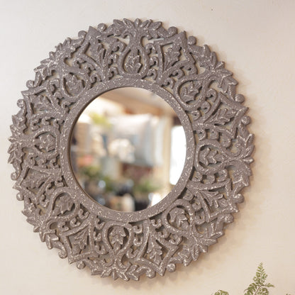 Wooden Carved Mirror Panel Grey – alternate angle | INARA