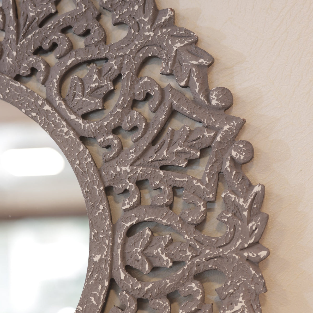 Wooden Carved Mirror Panel Grey – texture and finish detail | INARA