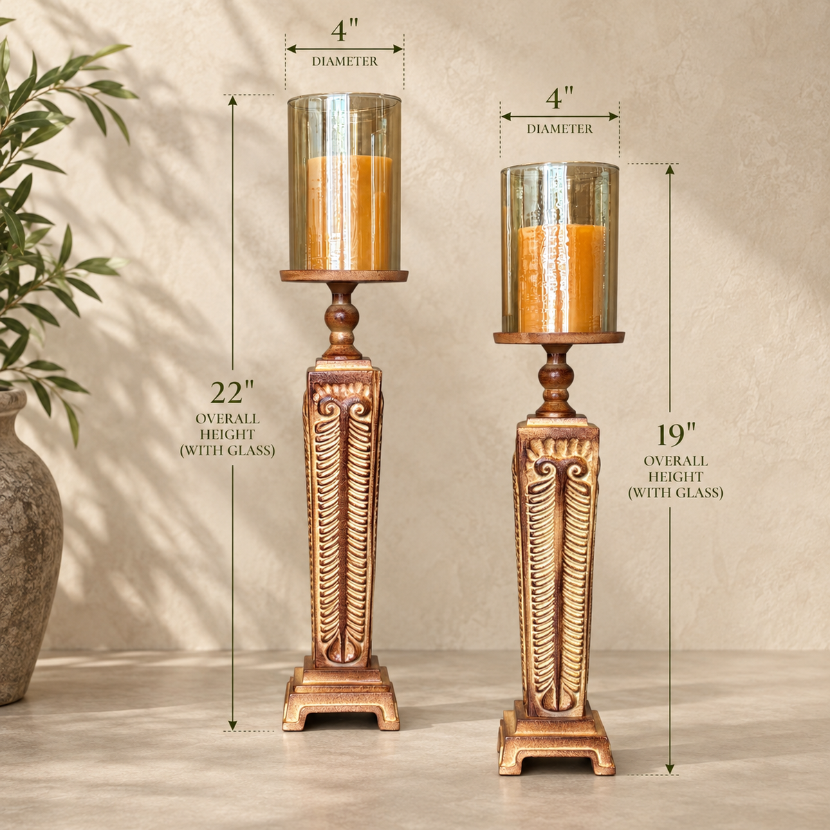 Dimension guide showing the height and diameter of the carved wooden hurricane candle holder set with glass shades.