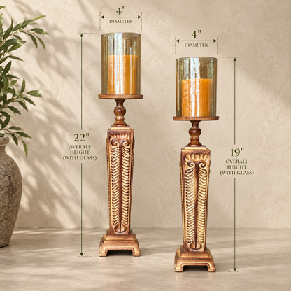 Dimension guide showing the height and diameter of the carved wooden hurricane candle holder set with glass shades.