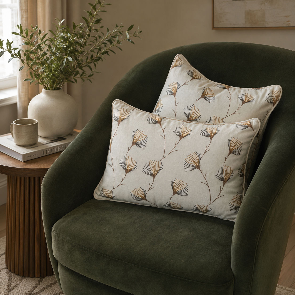 Floral linen cushion covers styled on a dark green velvet accent chair in a modern living room with natural light and elegant home décor accents.