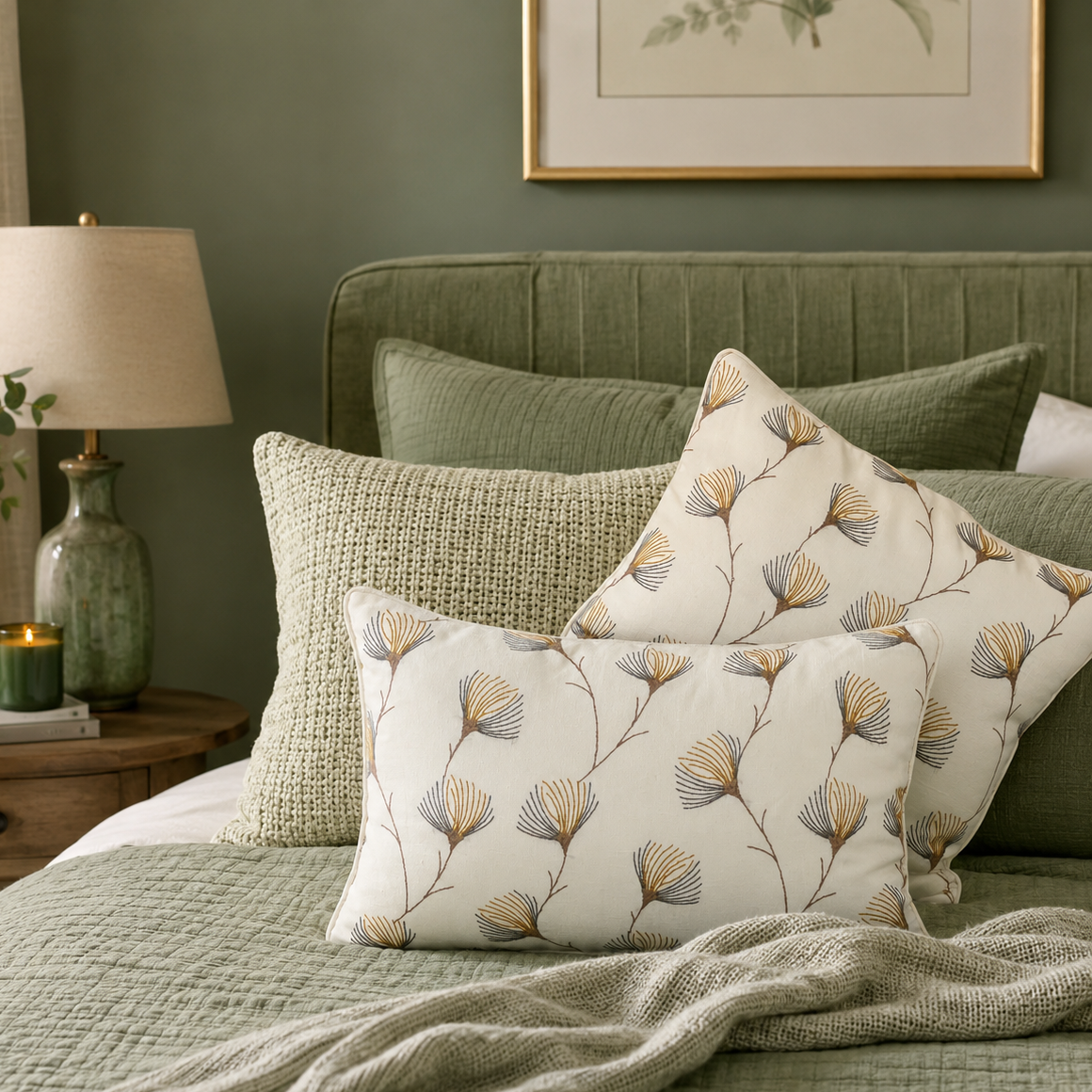 Cream botanical print cushion covers styled on a green bed in a modern bedroom with sage green decor, creating a serene and elegant home interior by Inara Home Decor.