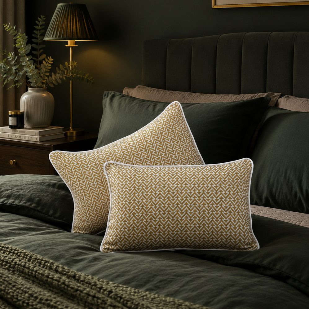 Mustard and white cotton silk cushion covers styled on a bed in a luxury bedroom with a dark green theme, adding warmth and elegance to modern home décor by Inara Home Decor.