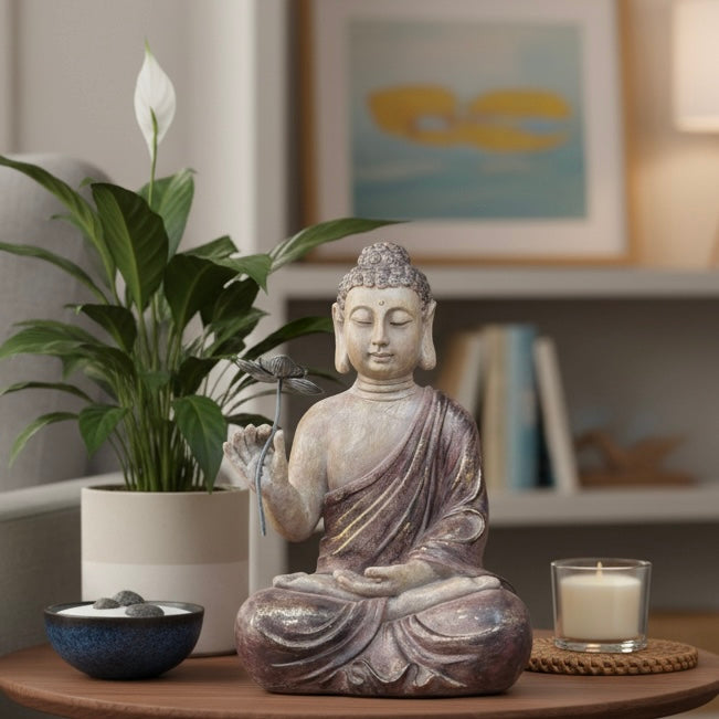 A Buddha statue styled on a wooden coffee table alongside a white peace lily plant, a glass candle, and a Zen rock bowl in a modern, neutral-toned living room.