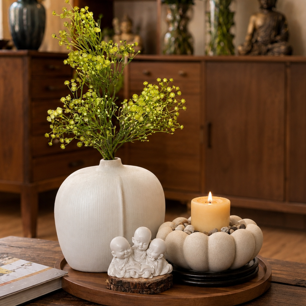 Minimal white ceramic vase with yellow floral stems and decorative candle holder styled on a wooden tray in a warm modern living room setting.