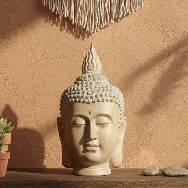 Close-up of a neutral-toned Buddha head statue with an intricate flame ushnisha, styled against a textured terracotta wall with macramé wall art.