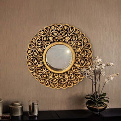 Carved Round Wood Mirror