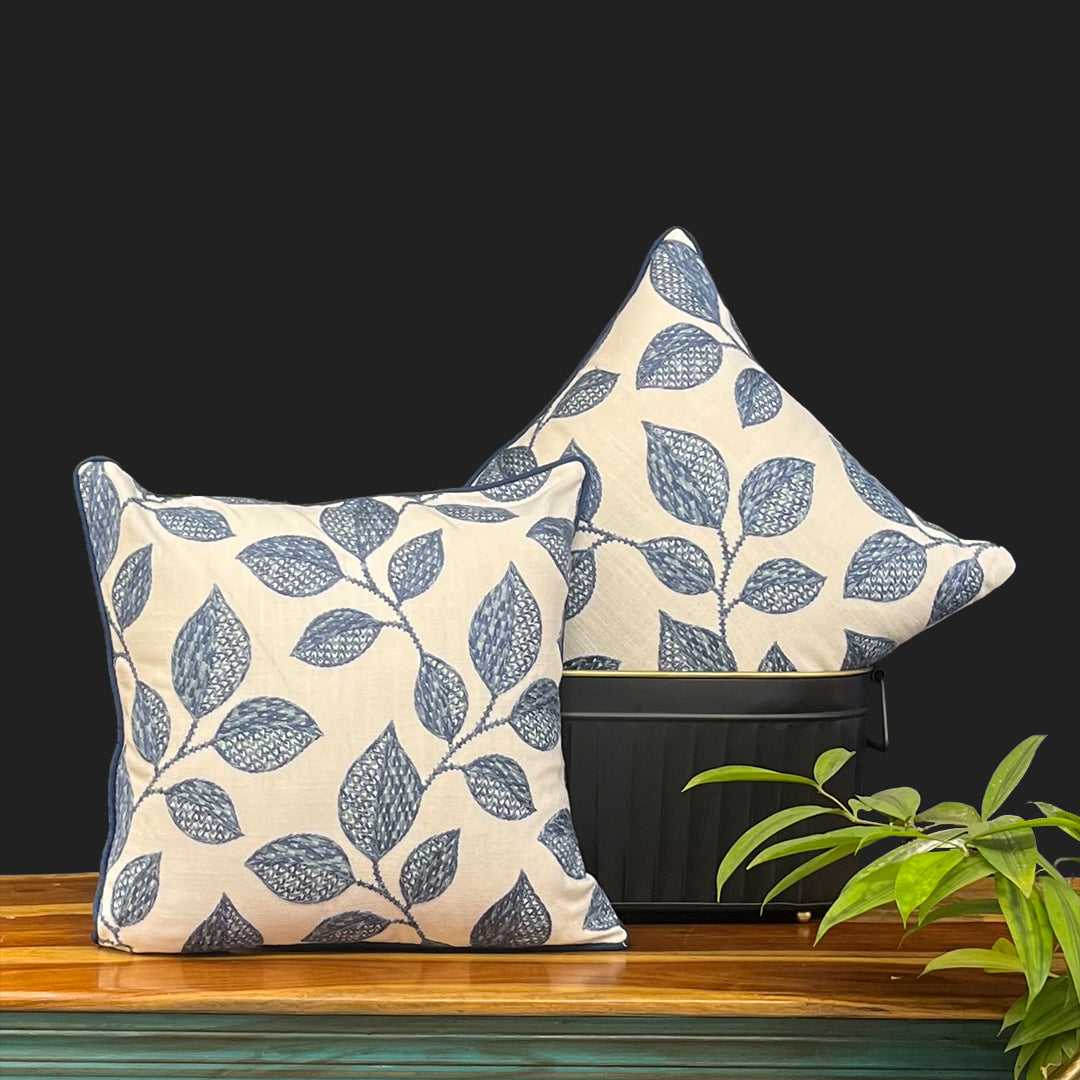 cushion covers, sofa cushion covers, cushion covers online , cushion cover 16x16,  embroidered cushion covers, amazon cushion covers, Blue leaf Cushion Cover, Leaf Cushion Cover, Cotton Cushion Cover morataara , decor kart, jaypore, nestasia, fabindia