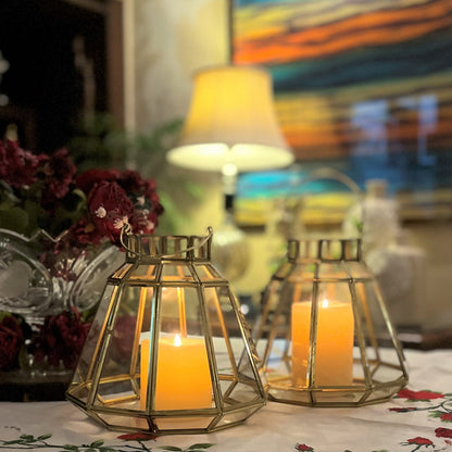 Handcrafted gold glass lantern with brass frame, decorative Diwali lantern for candles and festive home décor